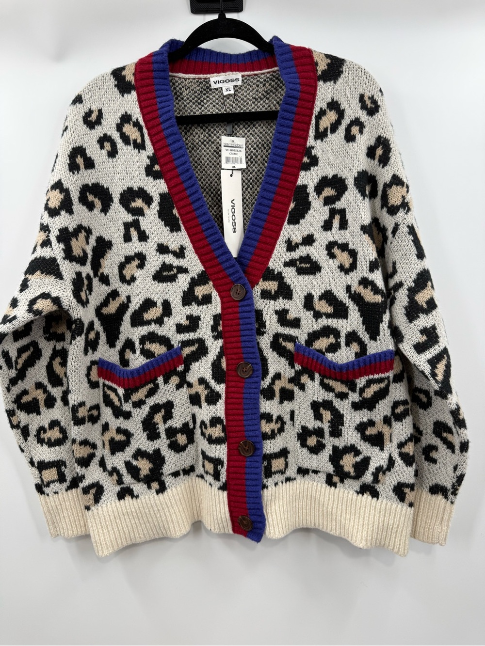 VIGOSS Leopard Print Cardigan Sweater Colorblock Striped Trim Womens Size XL